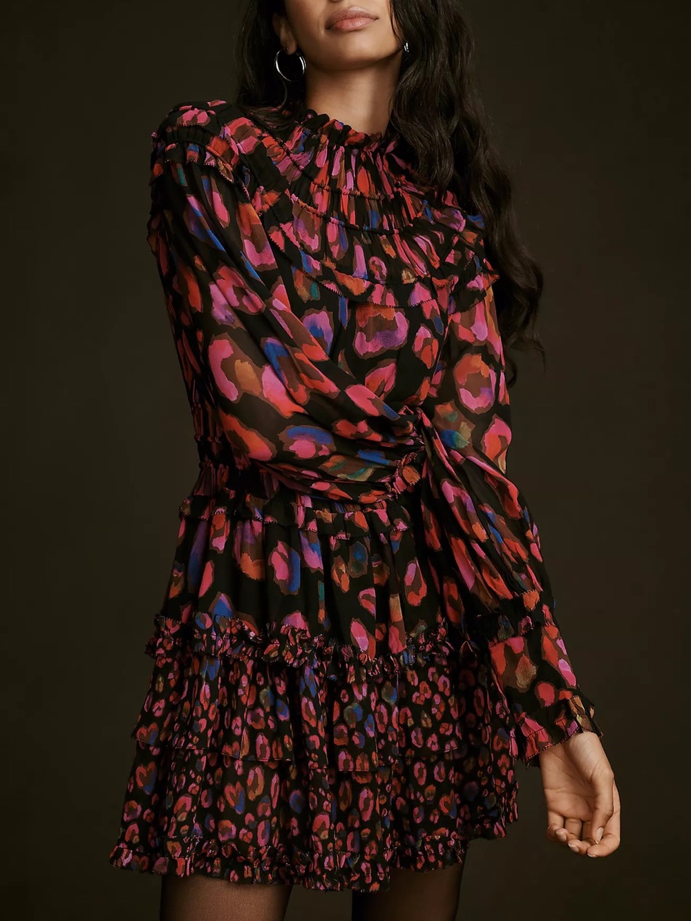 FARM RIO Iridescent Leopard Print Ruffle Long Sleeve Crepe Dress M $270